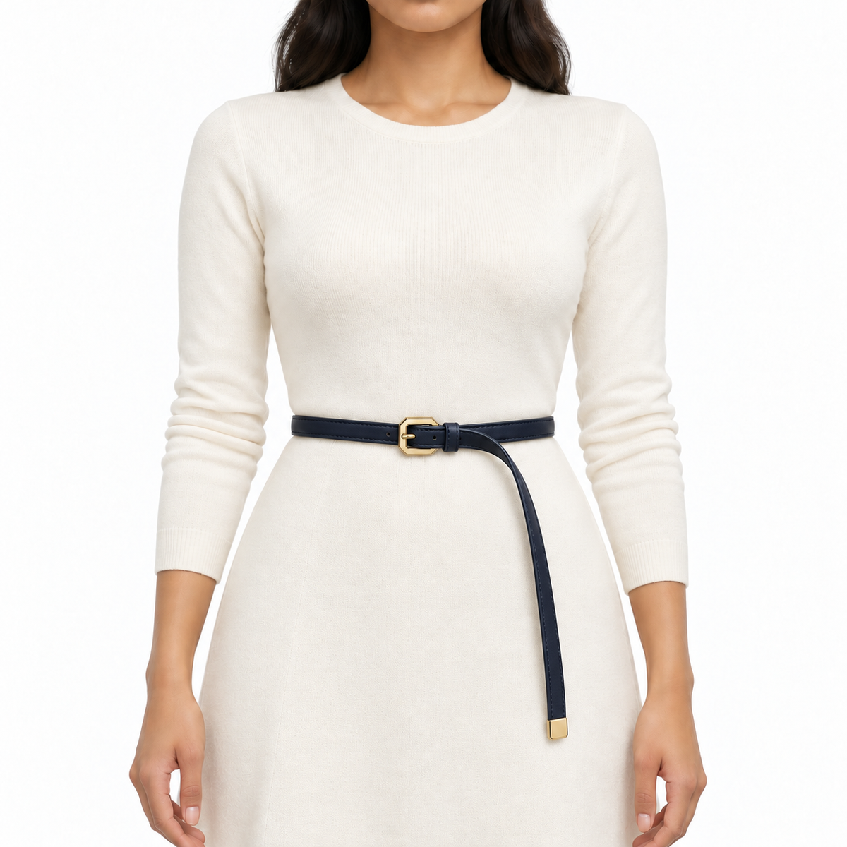 Plus One Belt – Navy Blue faux leather, worn at the waist – حزام حريمي رفيع كحلي – ECADRA