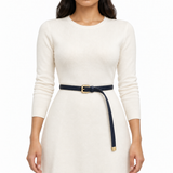 Plus One Belt – Navy Blue faux leather, worn at the waist – حزام حريمي رفيع كحلي – ECADRA