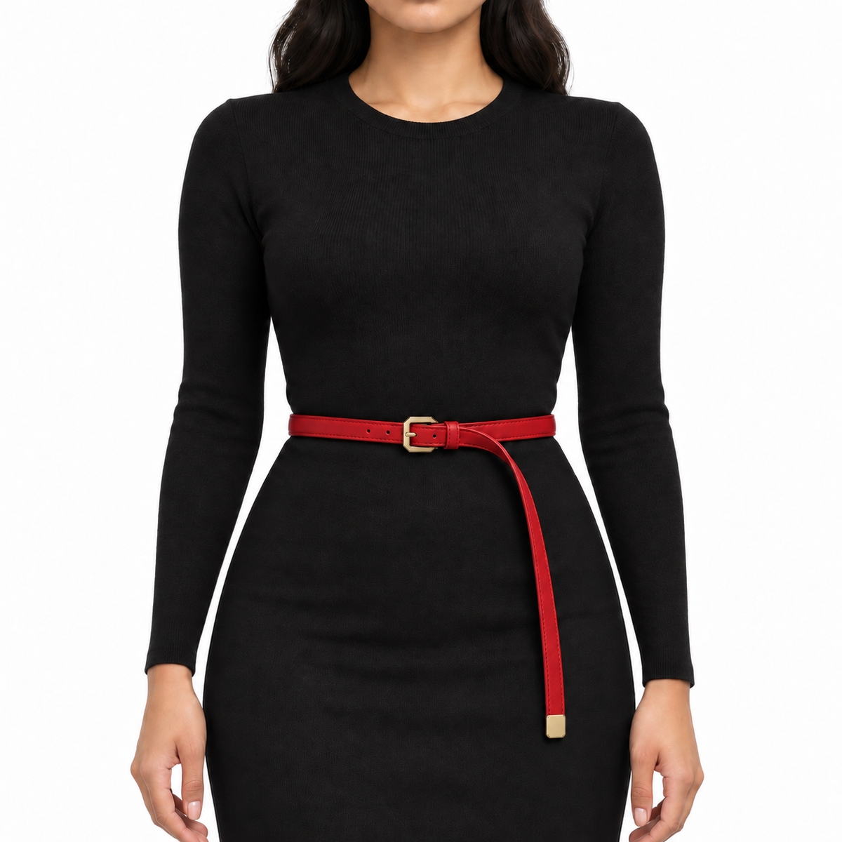 Plus One Belt – Red faux leather, worn at the waist – حزام حريمي رفيع أحمر – ECADRA