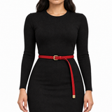 Plus One Belt – Red faux leather, worn at the waist – حزام حريمي رفيع أحمر – ECADRA