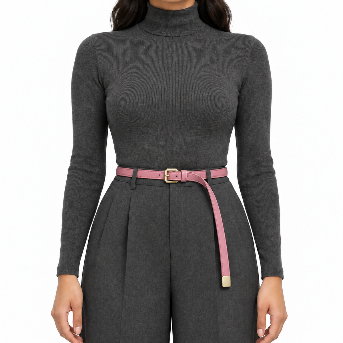Plus One Belt – Rose faux leather, worn at the waist – حزام حريمي رفيع روز – ECADRA