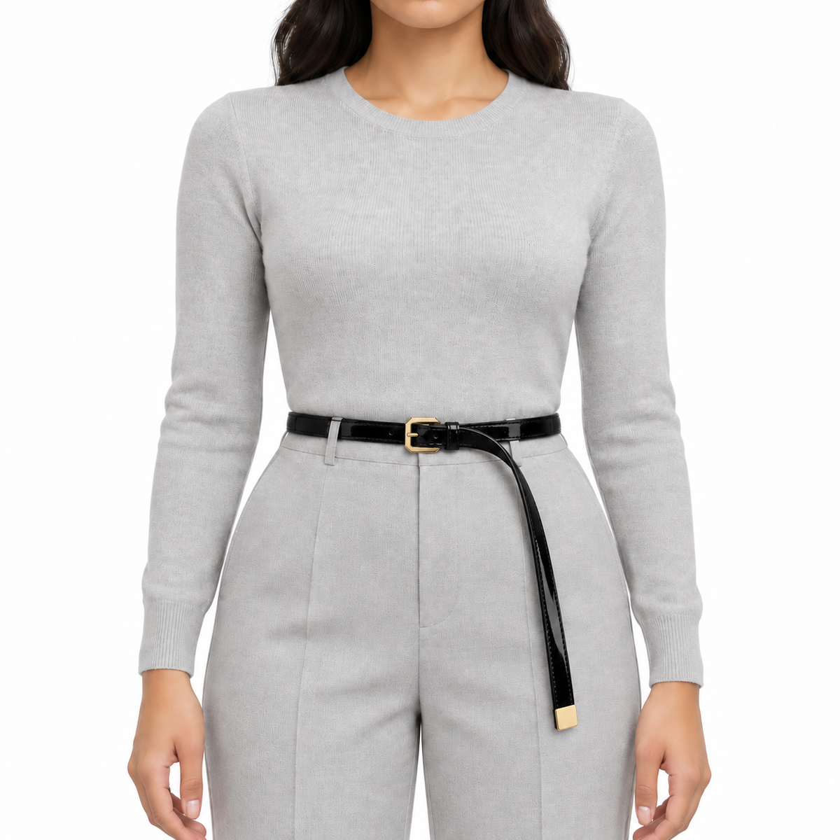 Plus One Belt – Black patent, worn at the waist – حزام حريمي رفيع أسود – ECADRA