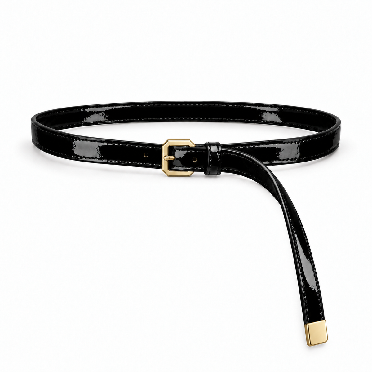 Plus One Belt – Black patent – حزام حريمي رفيع أسود – ECADRA