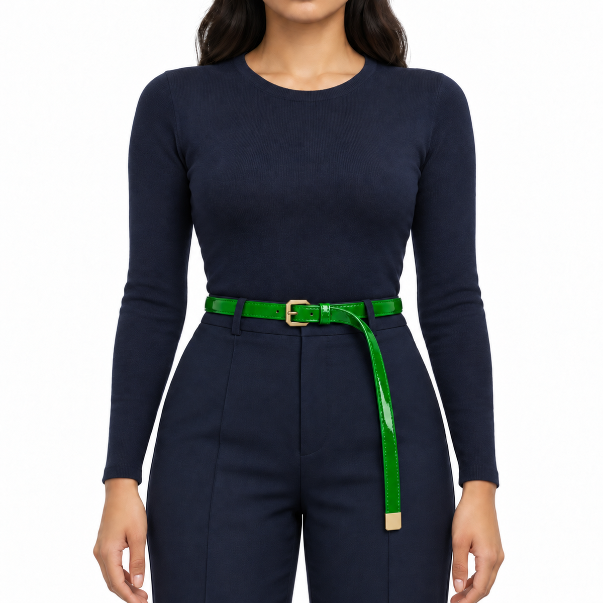 Plus One Belt – Bright Green patent, worn at the waist – حزام حريمي رفيع أخضر فاقع – ECADRA