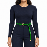 Plus One Belt – Bright Green patent, worn at the waist – حزام حريمي رفيع أخضر فاقع – ECADRA