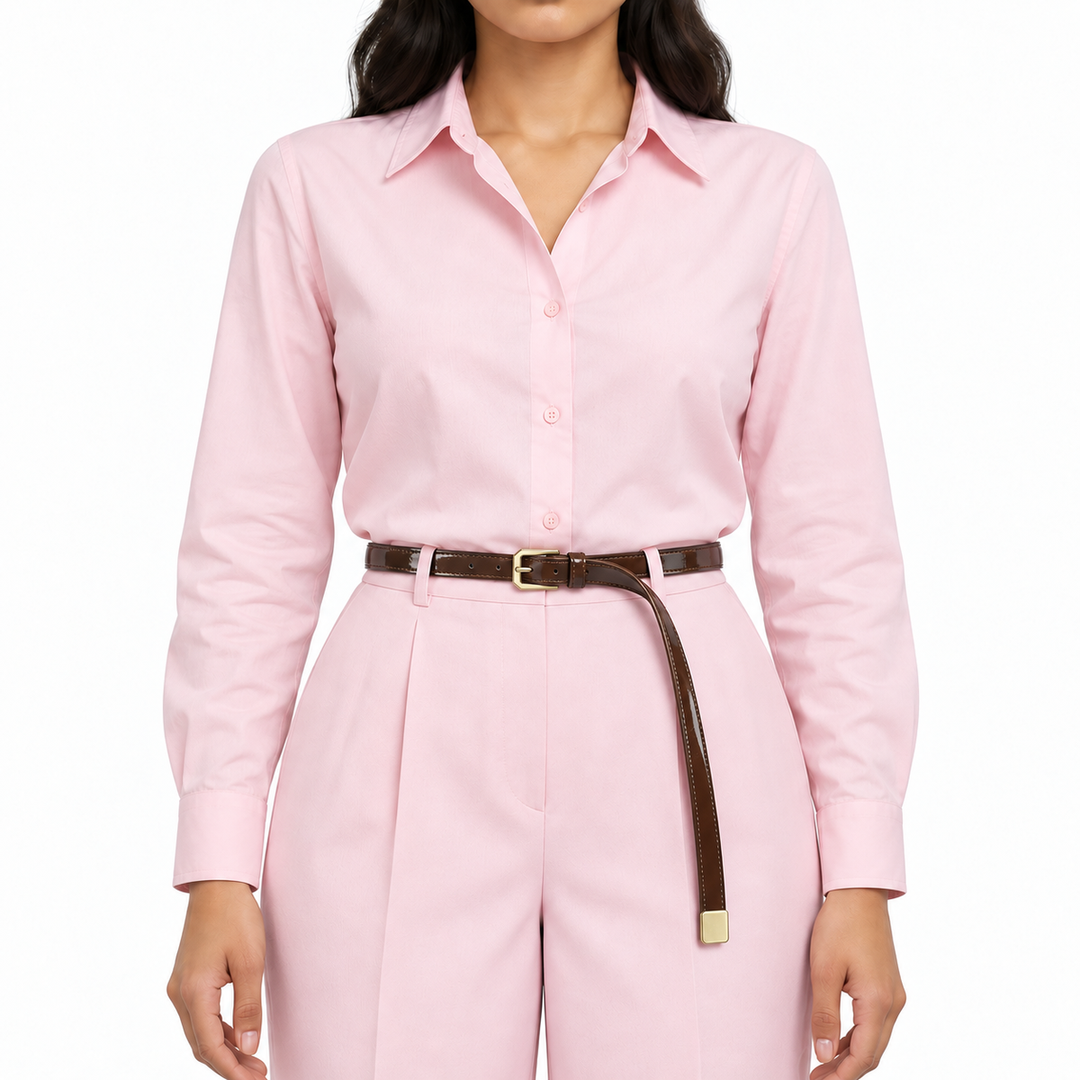 Plus One Belt – Chocolate patent, worn at the waist – حزام حريمي رفيع شوكولاتة – ECADRA