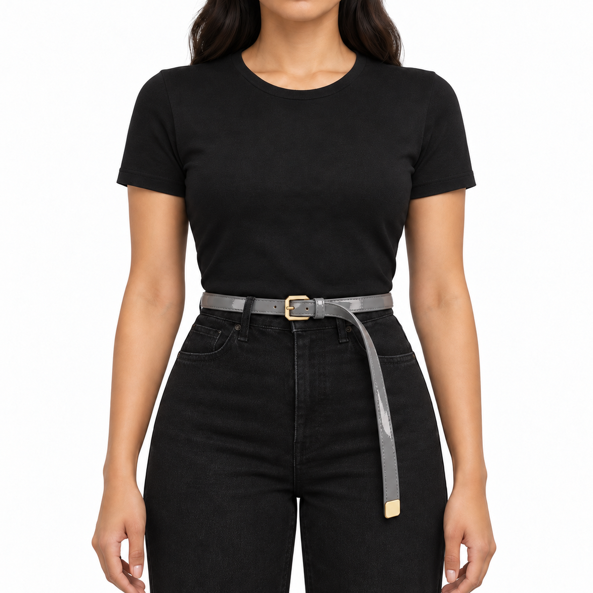 Plus One Belt – Gray patent, worn at the waist – حزام حريمي رفيع رمادي – ECADRA