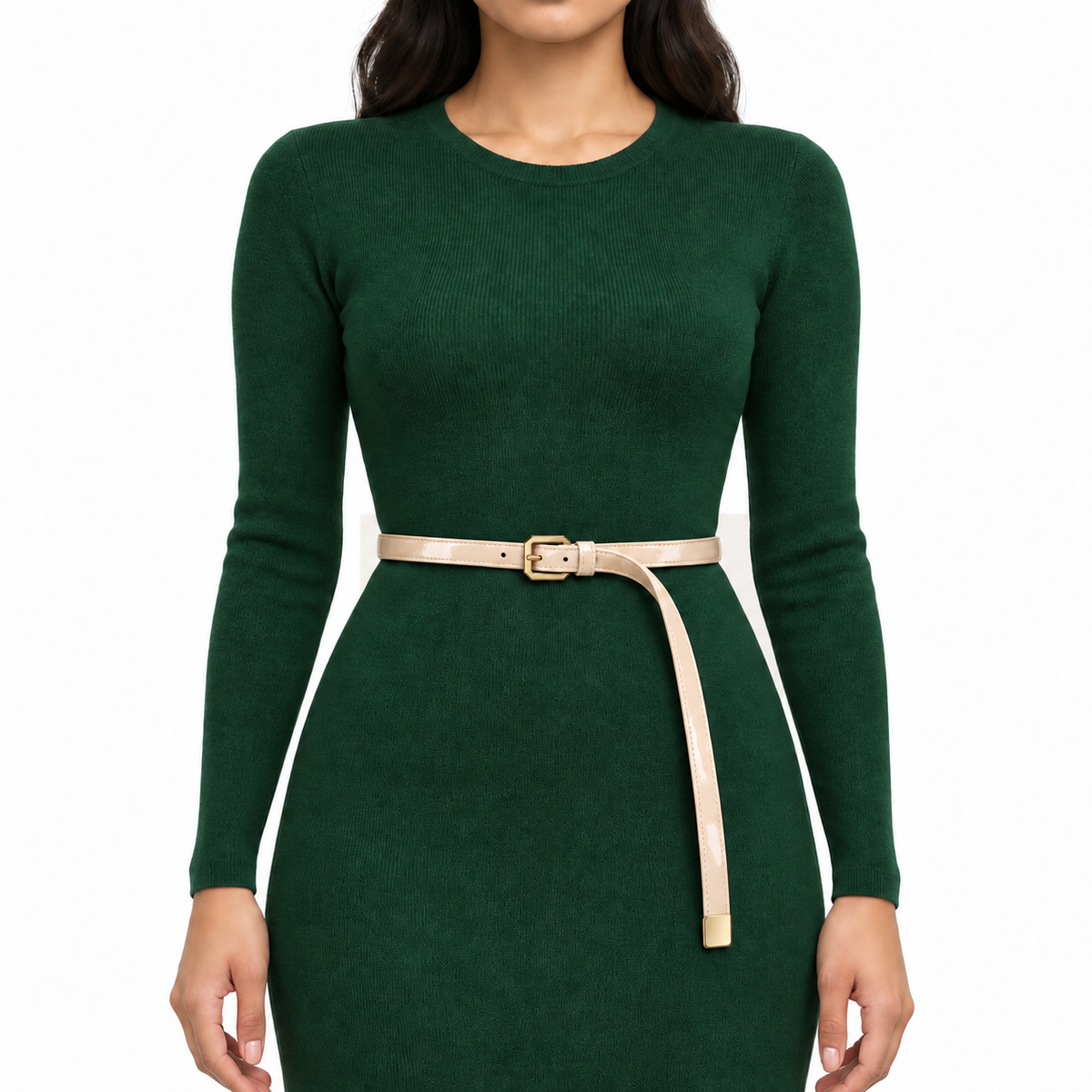 Plus One Belt – Ivory patent, worn at the waist – حزام حريمي رفيع أوف وايت – ECADRA
