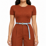Plus One Belt – Light Blue patent, worn at the waist – حزام حريمي رفيع بيبي بلو – ECADRA
