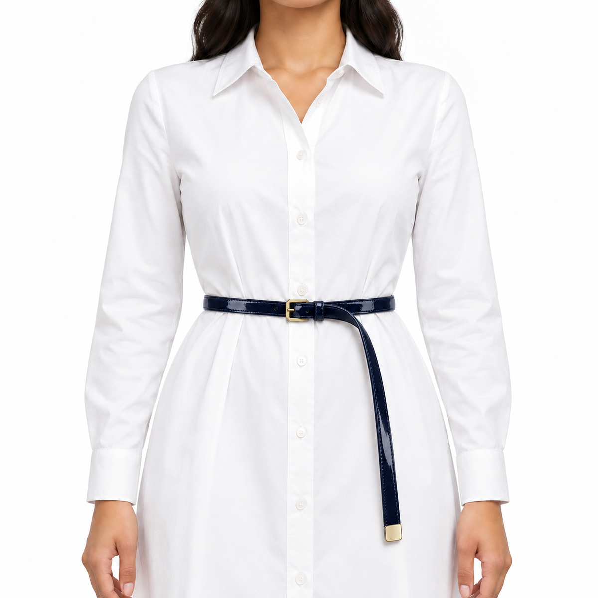 Plus One Belt – Navy patent, worn at the waist – حزام حريمي رفيع كحلي – ECADRA