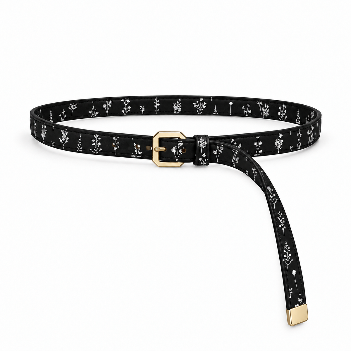 Plus One Belt – Black Wildflowers print – حزام حريمي رفيع ورد بري على أسود – ECADRA