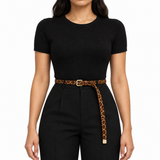 Plus One Belt – Leopard Latte print, worn at the waist – حزام حريمي رفيع ليوبارد لاتيه – ECADRA