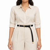 Plus One Belt – Black faux suede, worn at the waist – حزام حريمي رفيع أسود – ECADRA