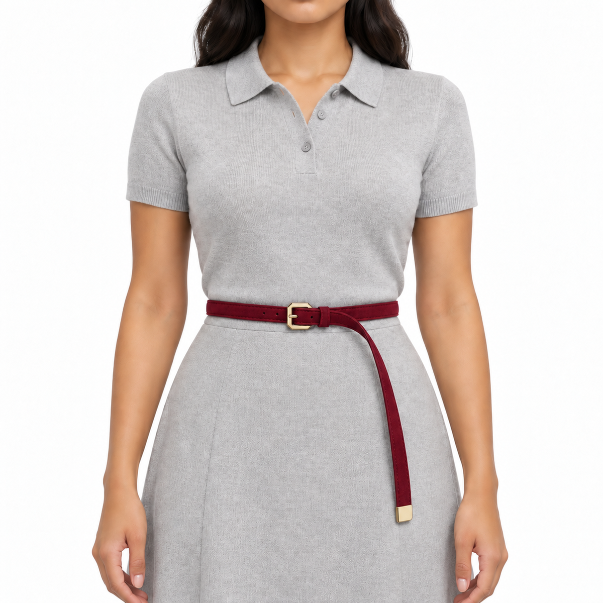 Plus One Belt – Burgundy faux suede, worn at the waist – حزام حريمي رفيع نبيتي – ECADRA
