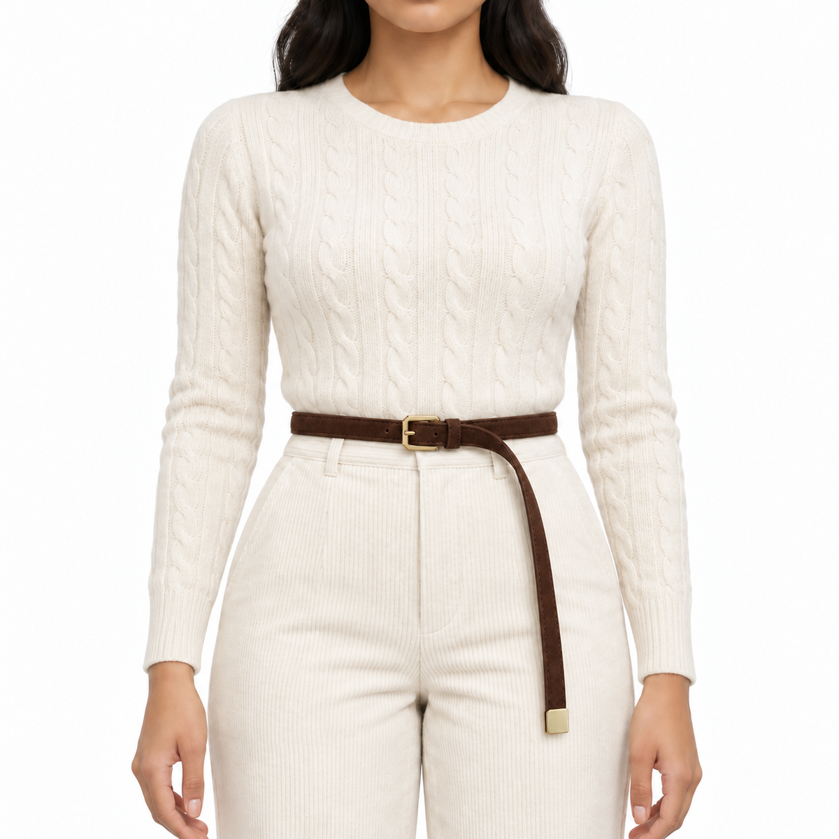 Plus One Belt – Chocolate faux suede, worn at the waist – حزام حريمي رفيع شوكولاتة – ECADRA