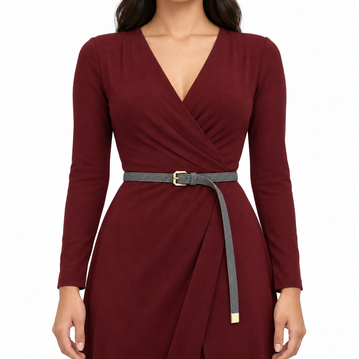 Plus One Belt – Gray faux suede, worn at the waist – حزام حريمي رفيع رمادي – ECADRA
