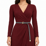 Plus One Belt – Gray faux suede, worn at the waist – حزام حريمي رفيع رمادي – ECADRA