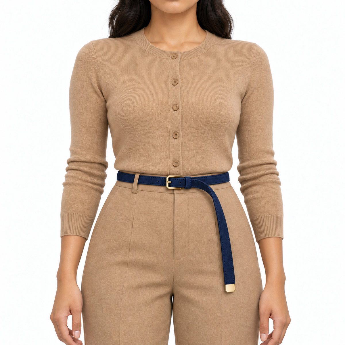 Plus One Belt – Navy faux suede, worn at the waist – حزام حريمي رفيع كحلي – ECADRA