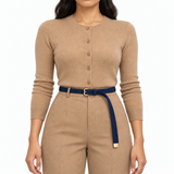 Plus One Belt – Navy faux suede, worn at the waist – حزام حريمي رفيع كحلي – ECADRA