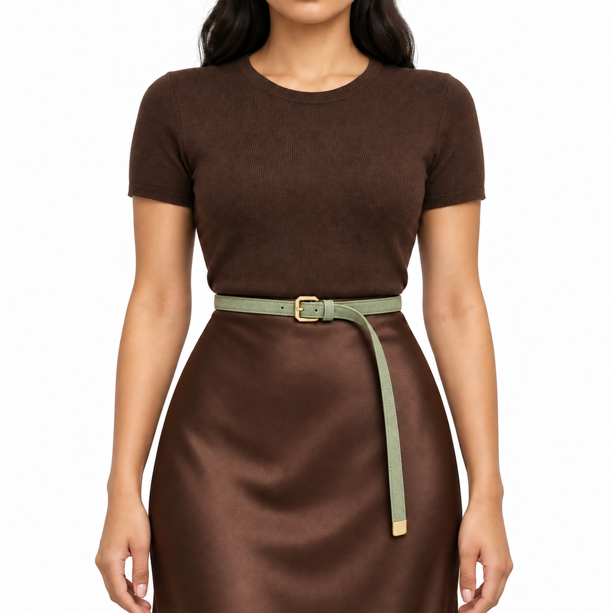 Plus One Belt – Pistachio faux suede, worn at the waist – حزام حريمي رفيع فستقي – ECADRA