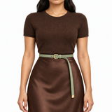 Plus One Belt – Pistachio faux suede, worn at the waist – حزام حريمي رفيع فستقي – ECADRA