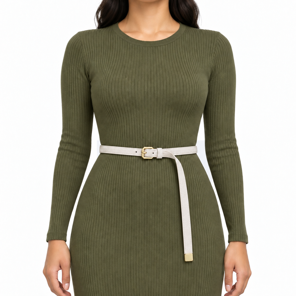 Plus One Belt – White faux suede, worn at the waist – حزام حريمي رفيع أبيض – ECADRA