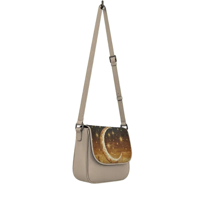 Beige Messenger Crossbody Painted Moon Art Saddle