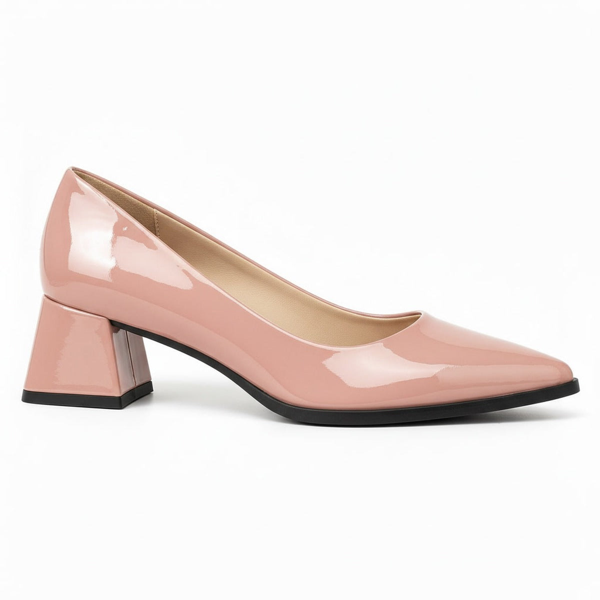 Rose gloss pointed pump with low 5 cm flared block heel, side view — ECADRA