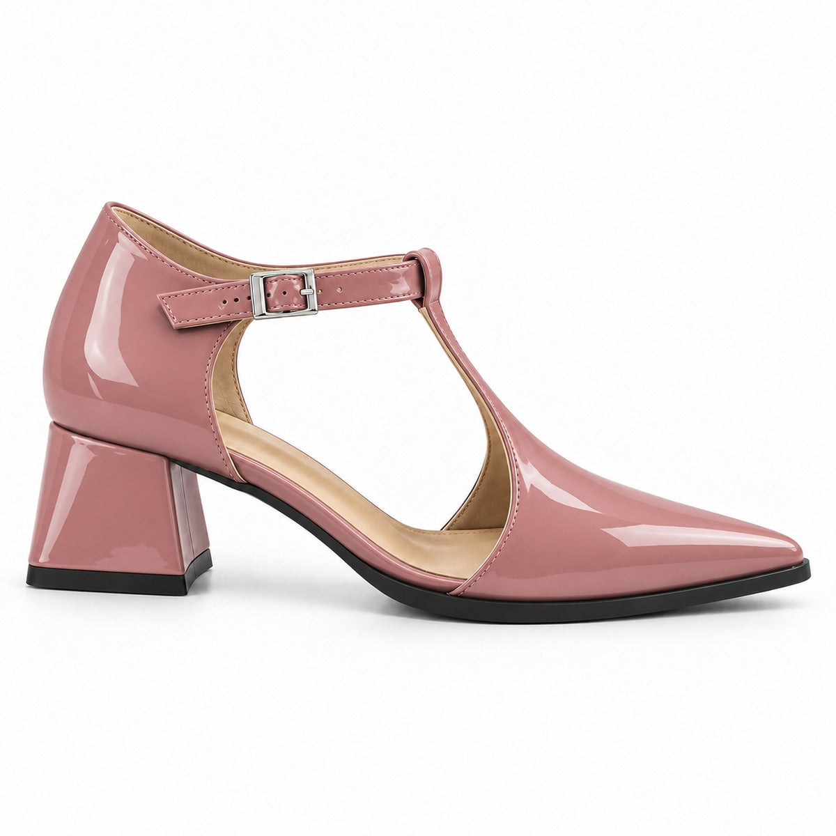 Rose gloss T-strap heels with wide strap, silver buckle and 5 cm flared heel, side view — ECADRA