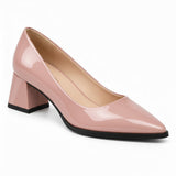 Rose gloss pointed pump with low 5 cm flared block heel, front three-quarter view — ECADRA