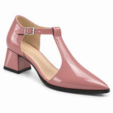 Rose gloss T-strap heels with wide strap, silver buckle and 5 cm flared heel, front three-quarter view — ECADRA