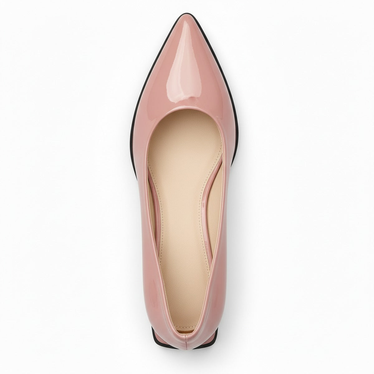 Rose gloss pointed pump with low 5 cm flared block heel, top view — ECADRA