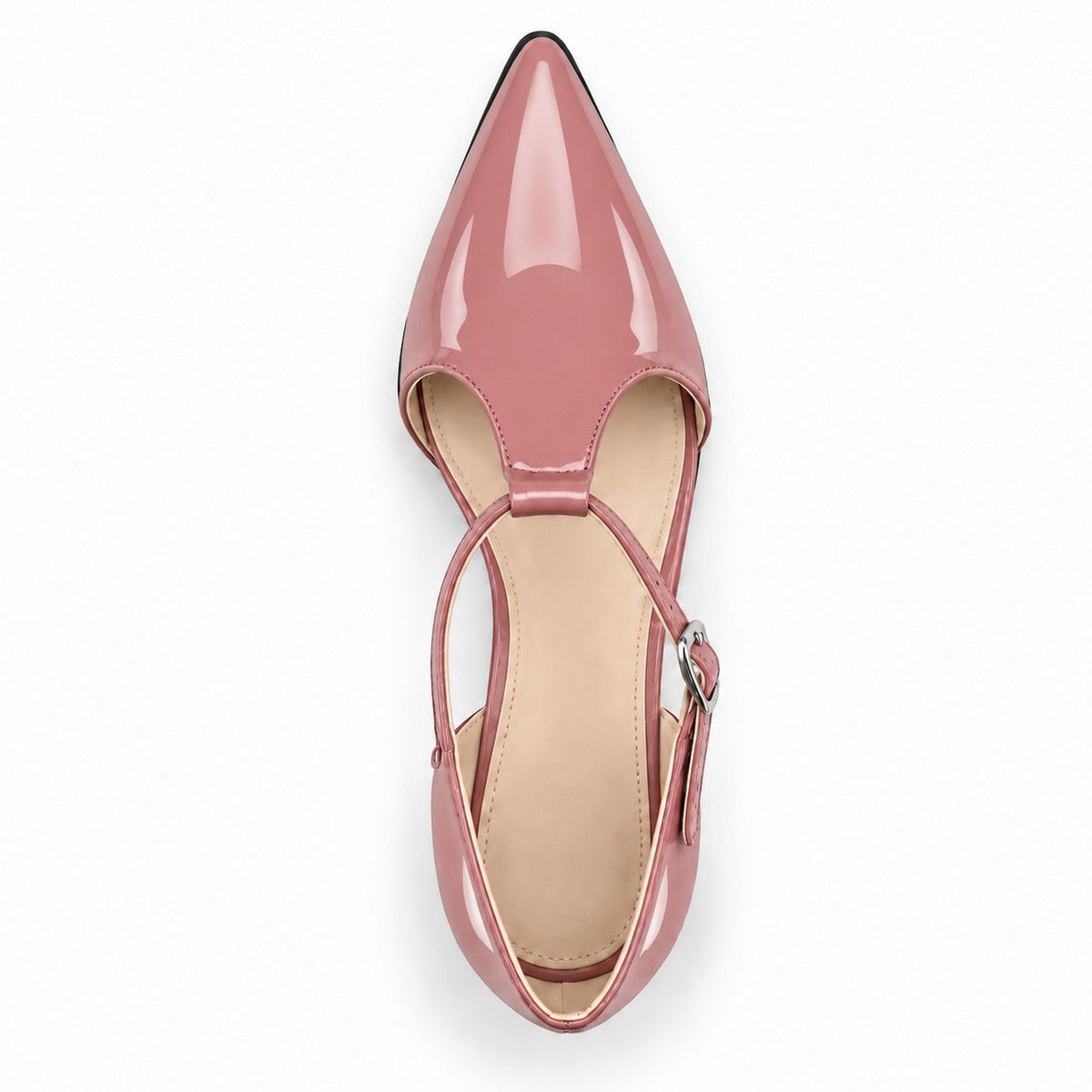 Rose gloss T-strap heels with wide strap, silver buckle and 5 cm flared heel, top view — ECADRA