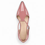 Rose gloss T-strap heels with wide strap, silver buckle and 5 cm flared heel, top view — ECADRA