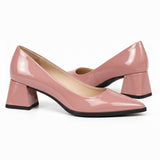 Rose gloss pointed pump with low 5 cm flared block heel, the pair — ECADRA
