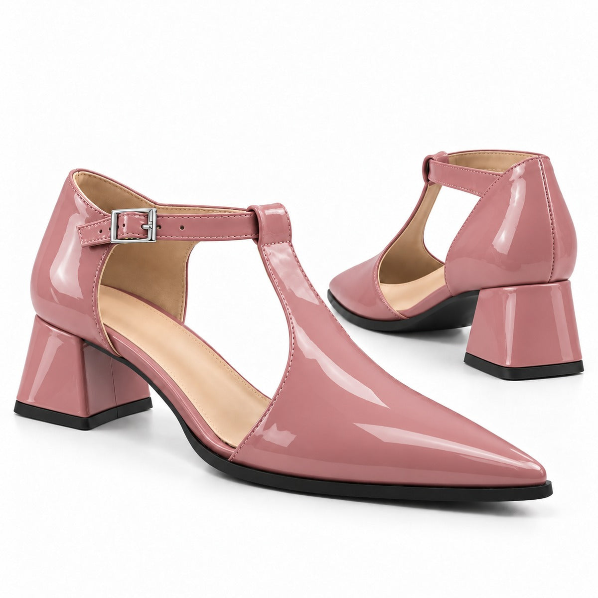 Rose gloss T-strap heels with wide strap, silver buckle and 5 cm flared heel, the pair — ECADRA