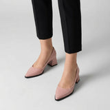 Woman wearing rose gloss pointed pumps with low 5 cm flared block heel, front view — ECADRA