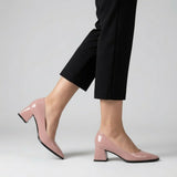 Woman walking in rose gloss pointed pumps with low 5 cm flared block heel, side view — ECADRA