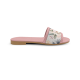 Side profile of ECADRA rose pink flat slides highlighting the vintage botanical floral strap and brown sole.