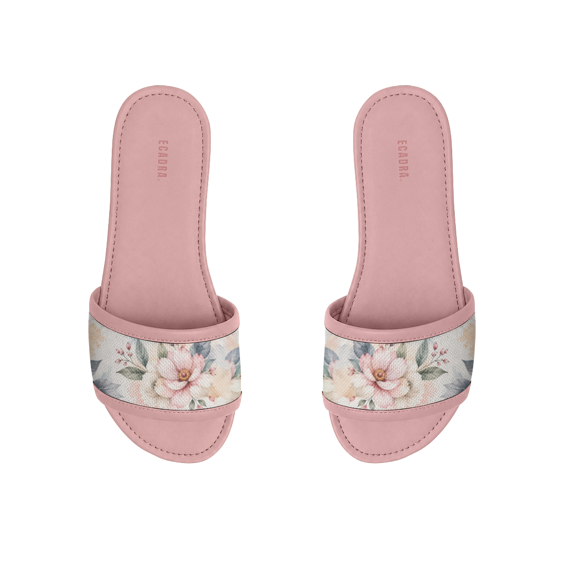 Top view of ECADRA rose pink slides featuring a vintage botanical floral printed strap on a white background.