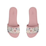 Top view of ECADRA rose pink slides featuring a vintage botanical floral printed strap on a white background.