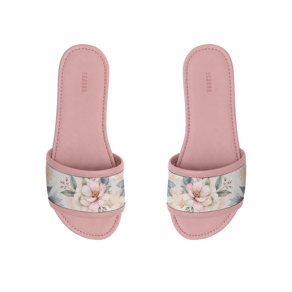 Top view of ECADRA rose pink slides featuring a vintage botanical floral printed strap on a white background.