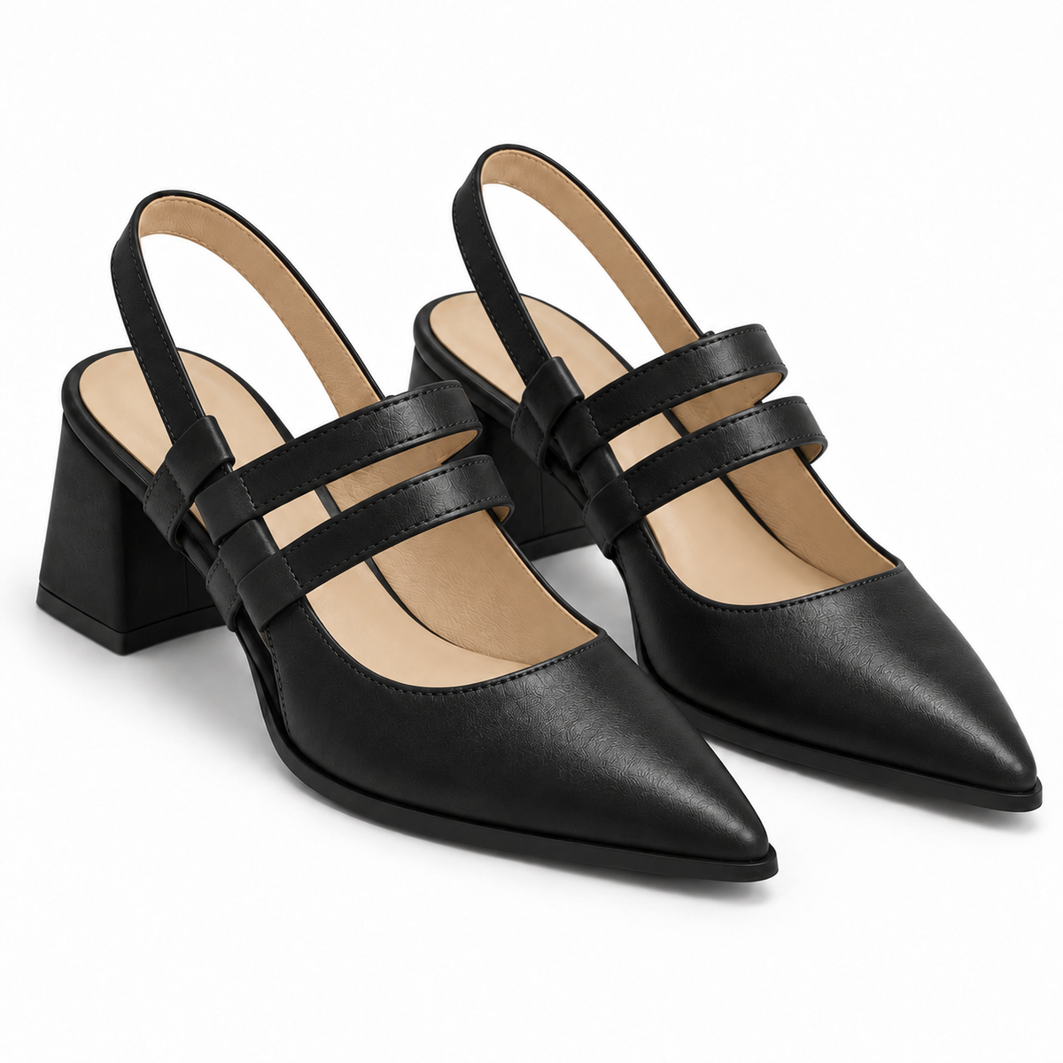 Slingback Heels Black – جزمة كعب حريمي سلينج باك جلد صناعي أسود، من قدام – ECADRA