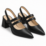 Slingback Heels Black – جزمة كعب حريمي سلينج باك جلد صناعي أسود، من قدام – ECADRA