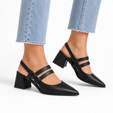 Slingback Heels Black – جزمة كعب حريمي سلينج باك جلد صناعي أسود، على الرجل – ECADRA