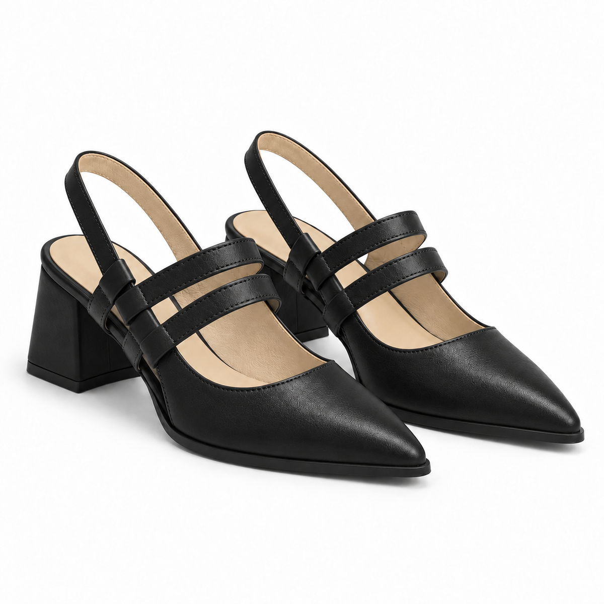 Slingback Heels Black – جزمة كعب حريمي سلينج باك جلد صناعي أسود، من الجنب – ECADRA