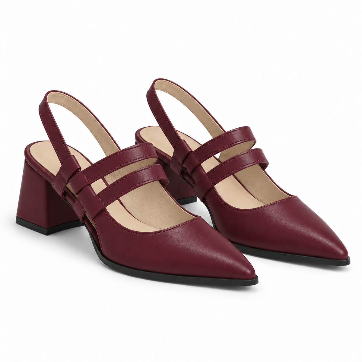Slingback Heels Burgundy – جزمة كعب حريمي سلينج باك جلد صناعي نبيتي، من الجنب – ECADRA