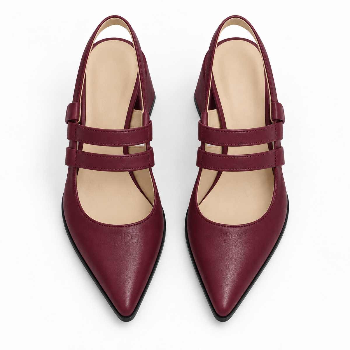 Slingback Heels Burgundy – جزمة كعب حريمي سلينج باك جلد صناعي نبيتي، من فوق – ECADRA