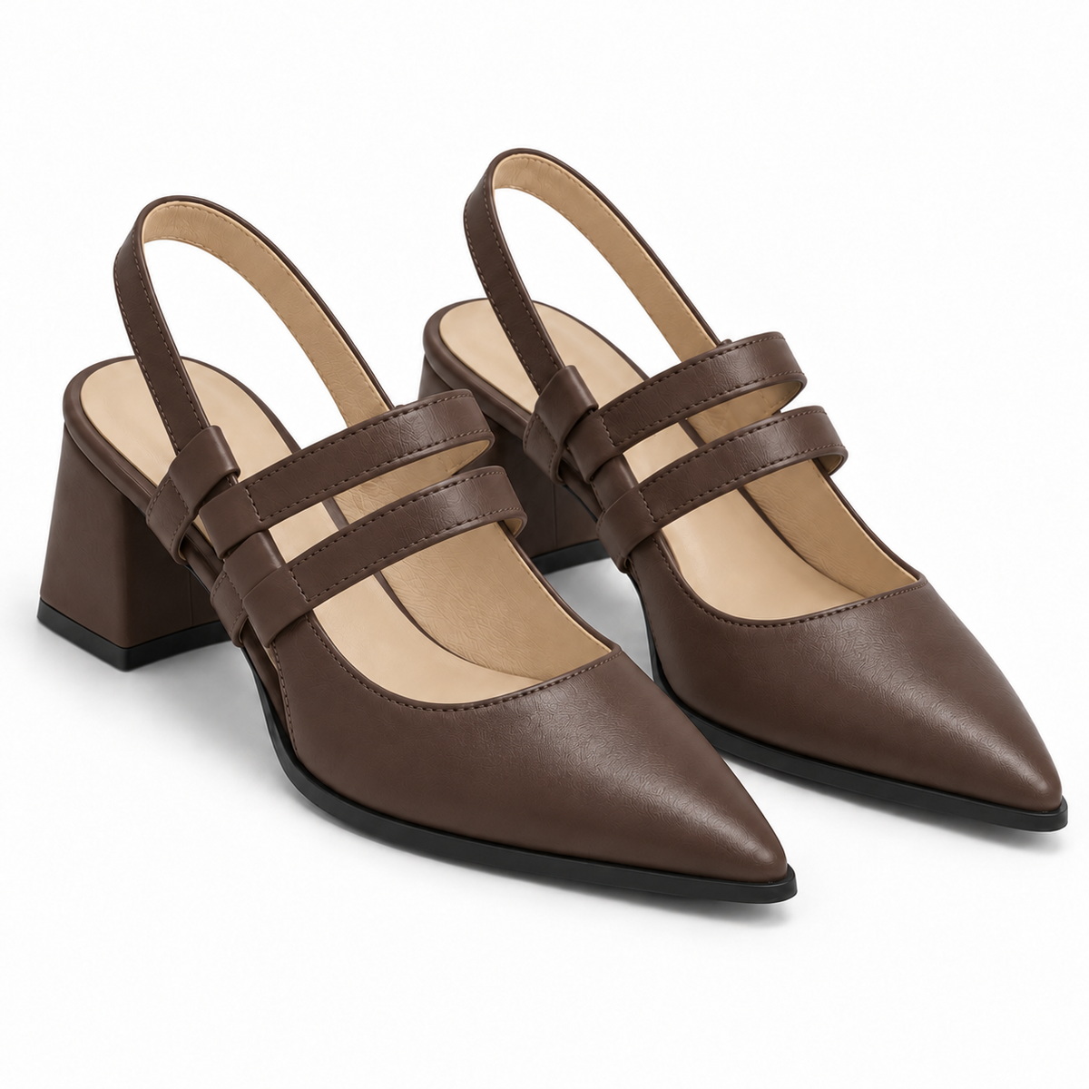 Slingback Heels Chocolate Brown – جزمة كعب حريمي سلينج باك جلد صناعي بني شوكولاتة، من قدام – ECADRA