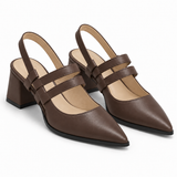 Slingback Heels Chocolate Brown – جزمة كعب حريمي سلينج باك جلد صناعي بني شوكولاتة، من قدام – ECADRA